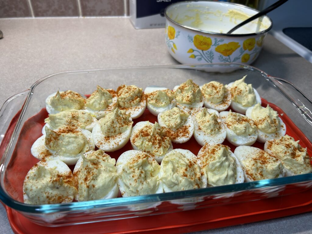 deviled eggs in dish