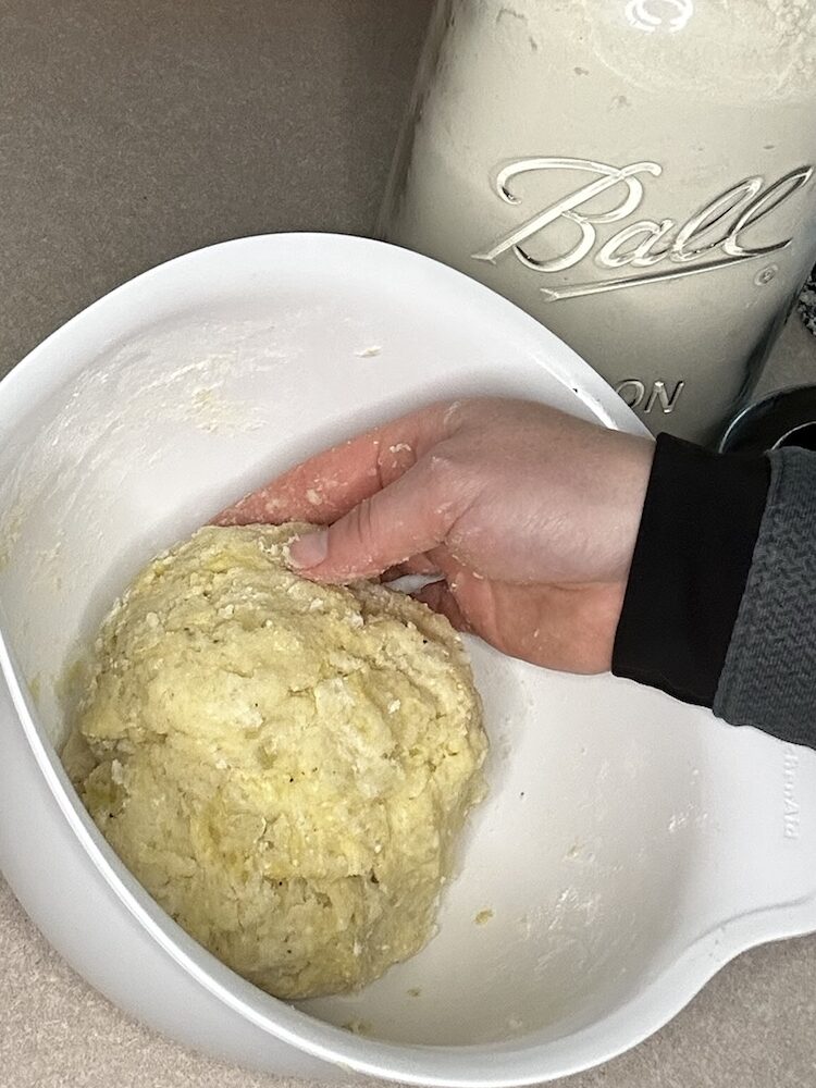 hand holding ball of potato gnocchi dough
